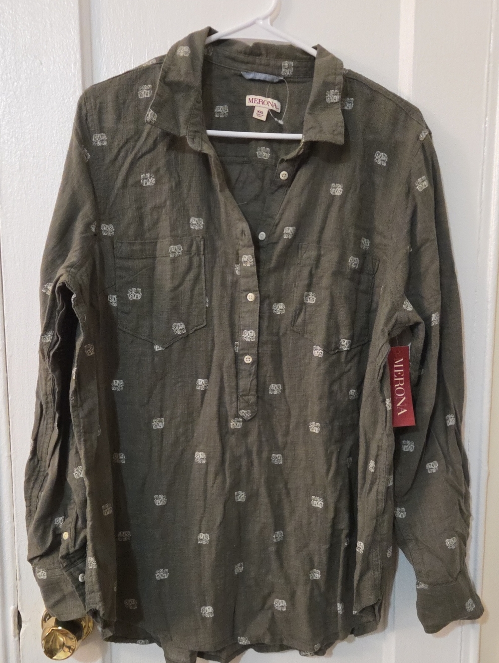 Merona Boho Olive Green White Elephant Print Henley Blouse Size XXL NWT